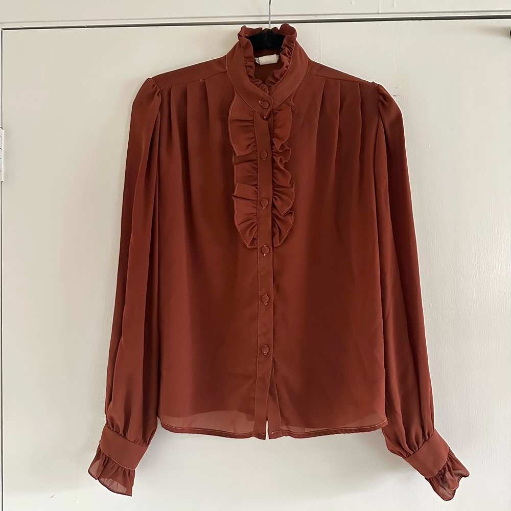 Sold Vintage 70s women’s sheer tuxedo ruffle blouse victorian high neck large xl
